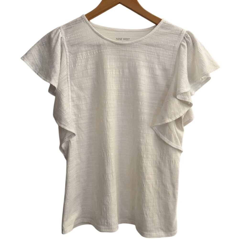 Nine West Basic White Cap Flutter Sleeve Shirt S Capsule Timeless Crepe Coquette